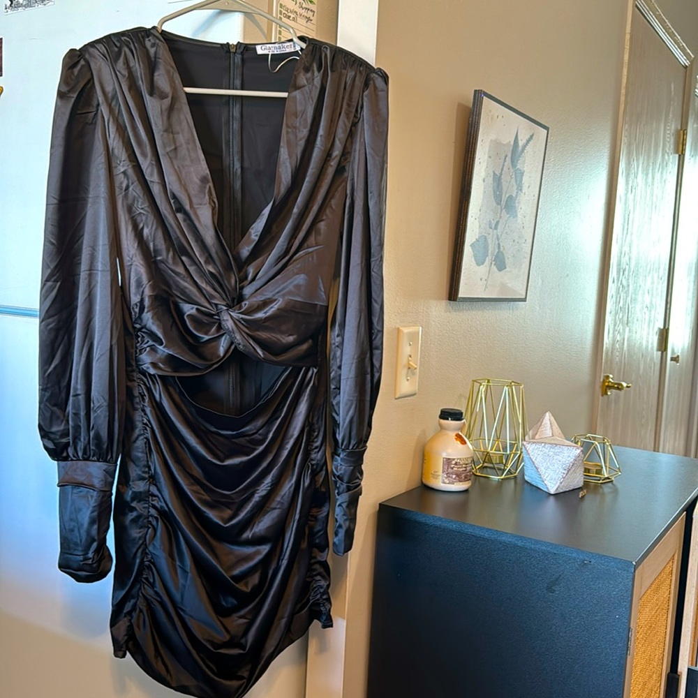 Black satin cut out mini dress. SZ med